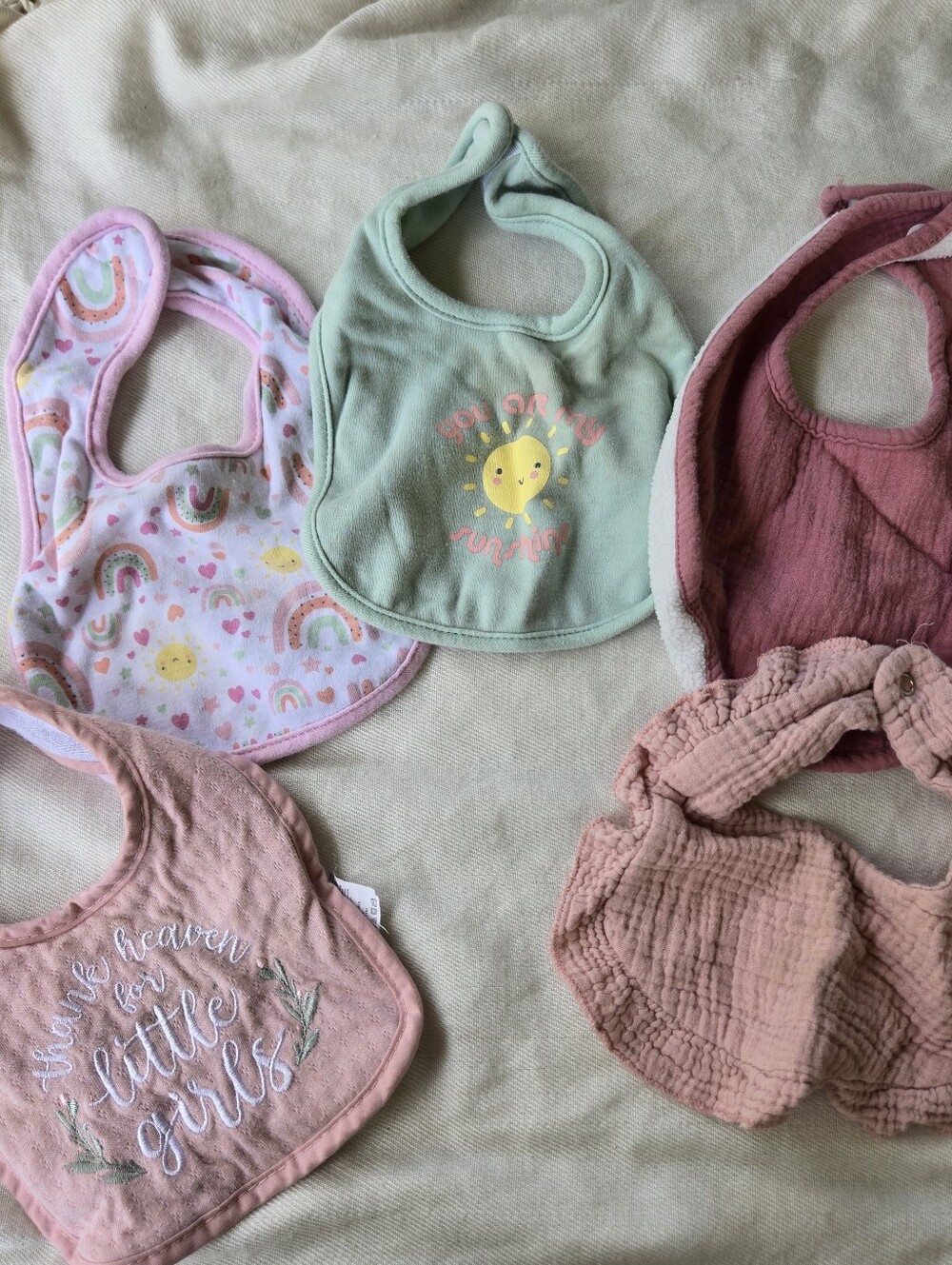 5 Baby Bibs Mixed Colors Pink And Green